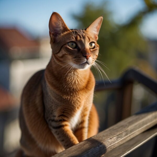 An Abyssinian cat with almond-shaped eyes and a ticked coat, perched on a high vantage point, gazing intently at something in the distance