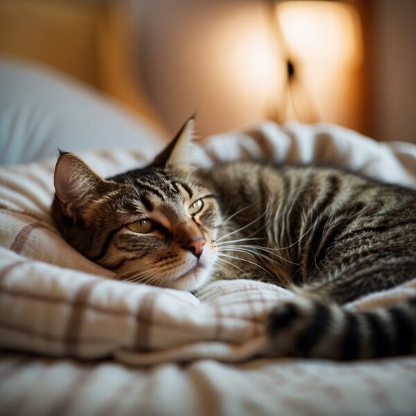 A cat curled up on a cozy bed, nestled against a sleeping human, both peacefully resting