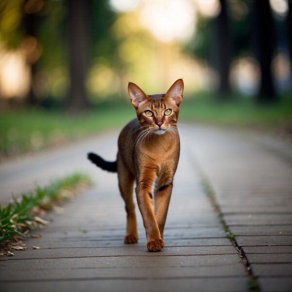 An Abyssinian cat prowls confidently, tail held high, ears alert. Its sleek, muscular body exudes energy and intelligence