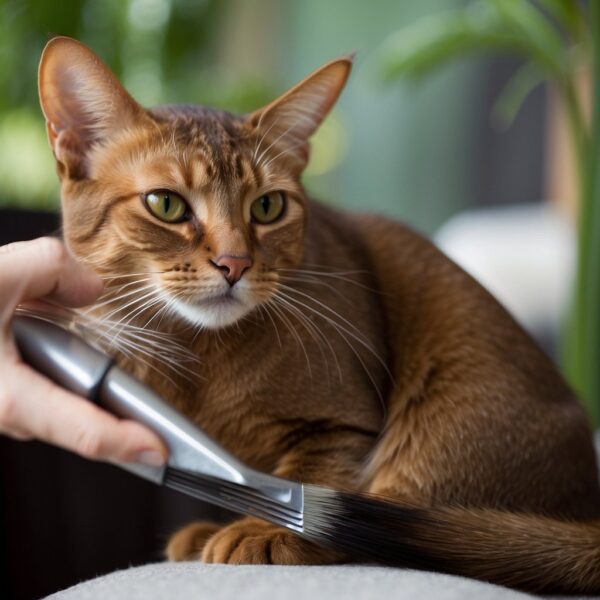 Kitty being gently brushed and groomed by a caring hand, with a soft brush and a relaxed feline expression