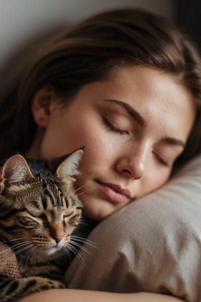woman sleeping with her cat