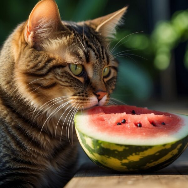 A curious cat sniffs a slice of watermelon with caution