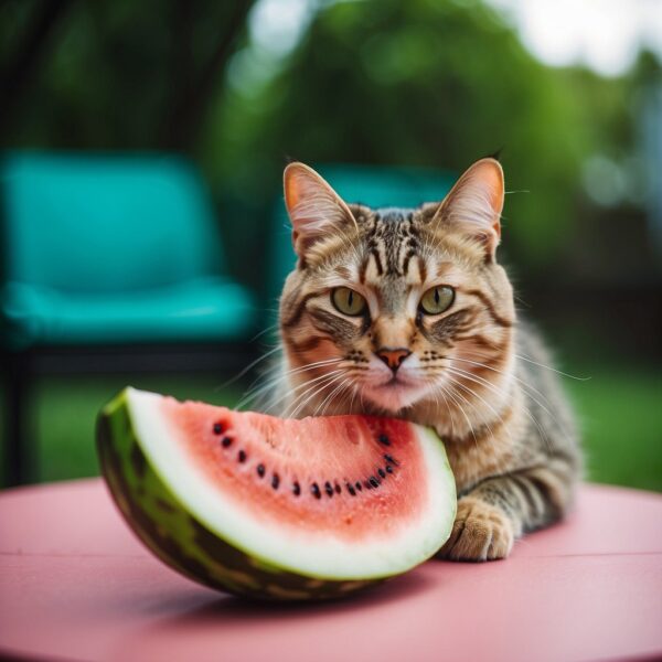 A cat eagerly nibbles on a slice of watermelon, its whiskers twitching with delight. The vibrant pink flesh contrasts against the green rind, creating a visually appealing and appetizing scene