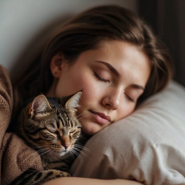 A person sleeping peacefully with a cat curled up next to them. The cat's gentle purring creates a sense of calm and relaxation, promoting better sleep and reducing stress