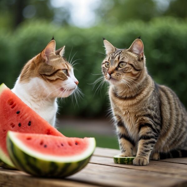 two cats looking at slices of watermelon.