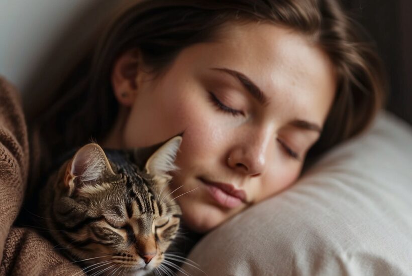woman sleeping with her cat