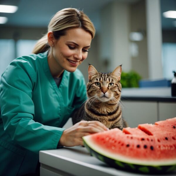  a veterinarian discussing the safety of watermelon for cats in a clinic setting