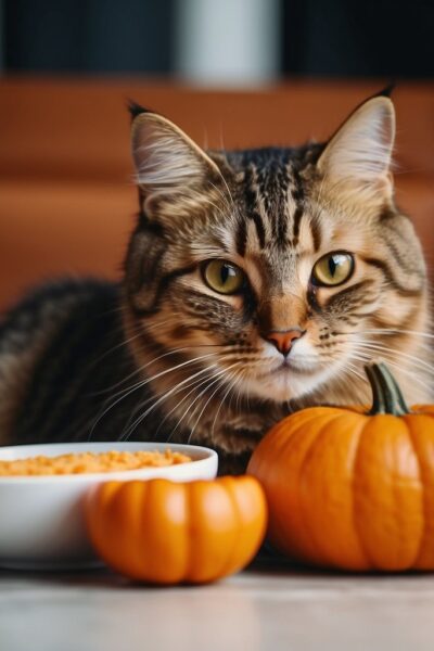 cat sitting at table with pumpkin