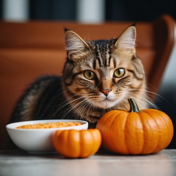 cat sitting at table with pumpkin