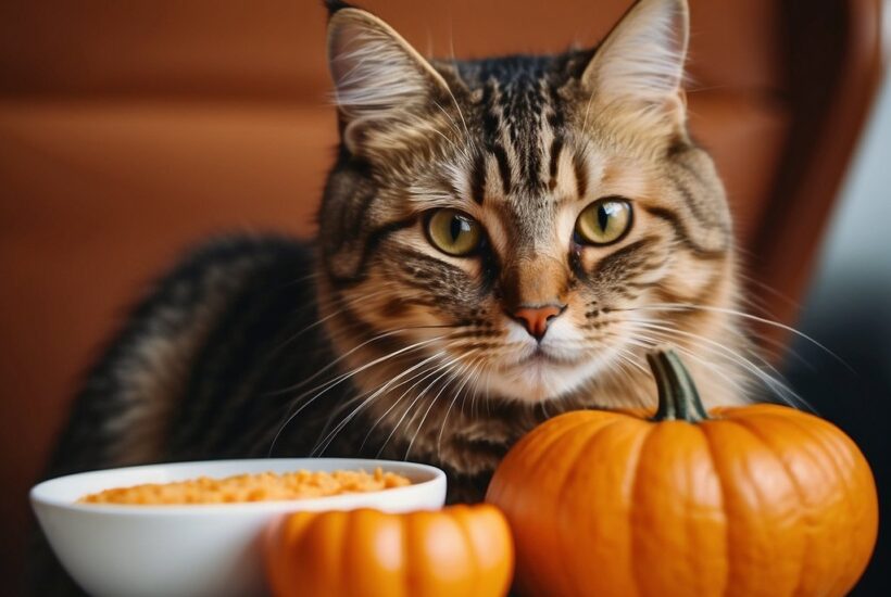 cat sitting at table with pumpkin