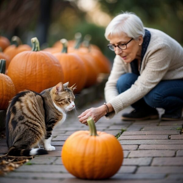 Woman in pumpkin patch with a cat