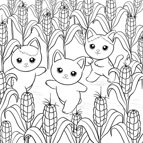 Cozy and Cute Cat Coloring Page.  Cats in a corn maze