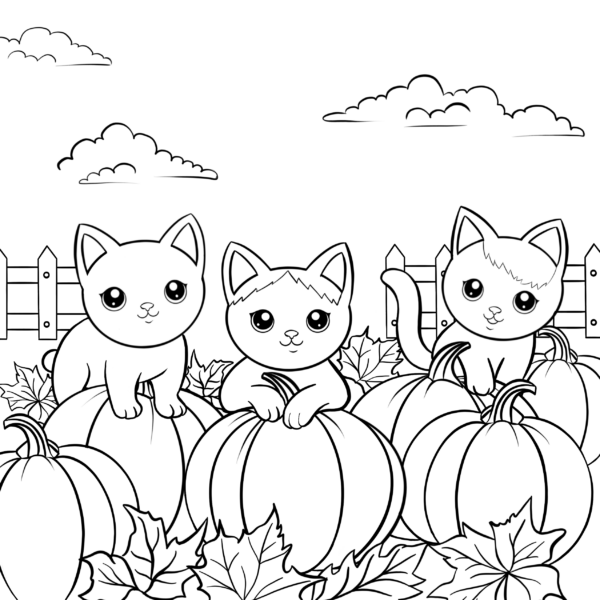 Cats in a pumpkin patch coloring page