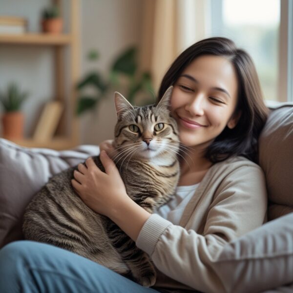 Woman hugging cat