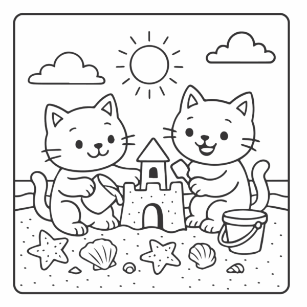 Cats building a sand castle