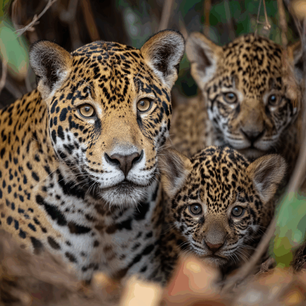 Wild jaguar mom with cubs.