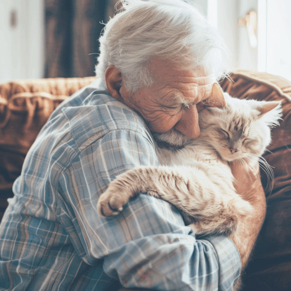 Elderly man hugging his cat.