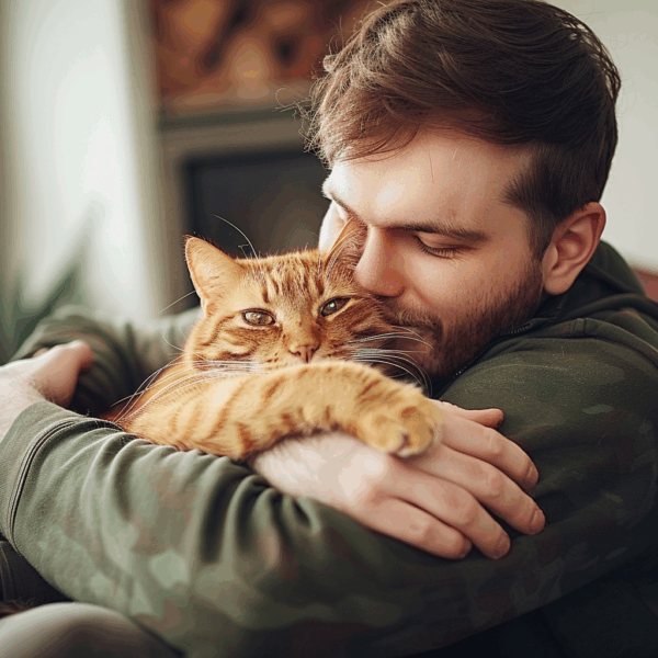 young man hugging his ginger kitty