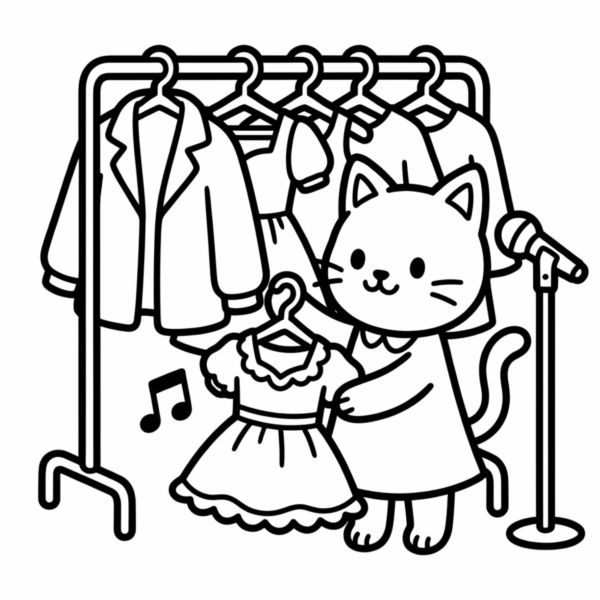 Cat choosing outfit coloring page