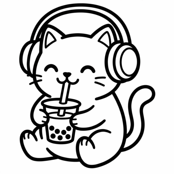K-pop Cat coloring page. Cat drinking boba tea