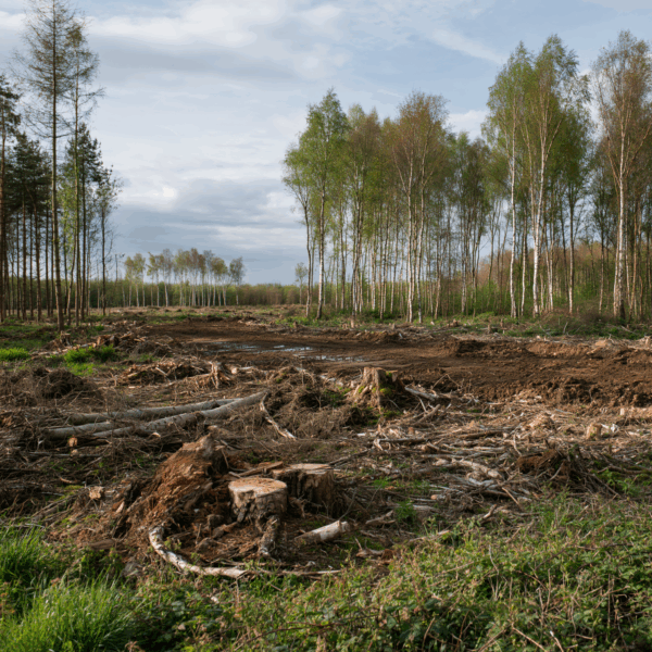 Cleared woodland beside new development, showing the loss of natural habitat.  Ecological grief is the sorrow felt for the desctucion of our natural world.