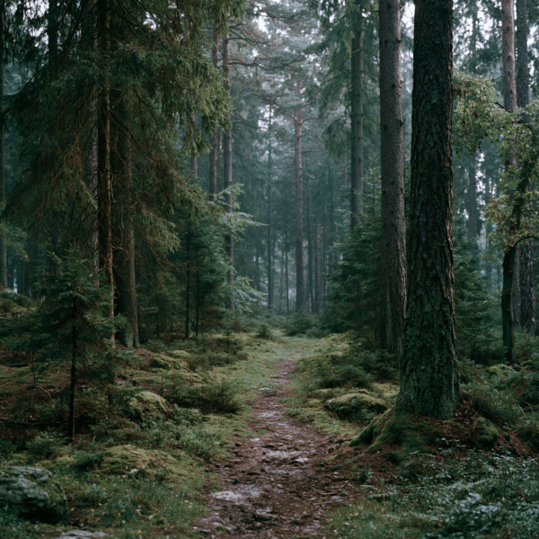 Quiet woodland with an empty trail, symbolizing the absence of lost wildlife.  Ecological grief is the sorrow of  what is no longer there.