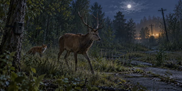 Red deer and red fox beside a wildlife camera on an overgrown road at night, with distant lights visible through the forest.