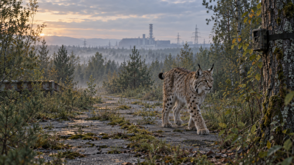 Eurasian lynx walking past a camera trap on an overgrown road, with the Chernobyl nuclear power station visible in the distance.