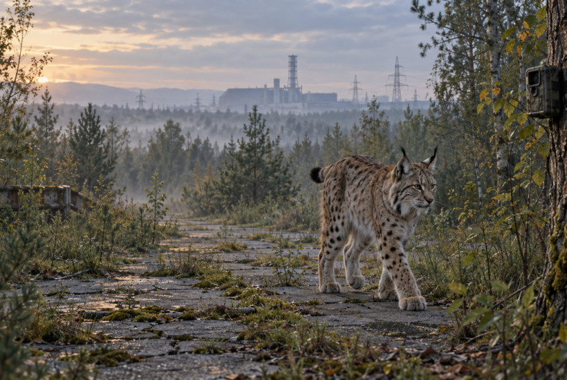 Eurasian lynx walking past a camera trap on an overgrown road, with the Chernobyl nuclear power station visible in the distance.